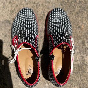 John Fluevog Black, White, & Red Heeled Clogs